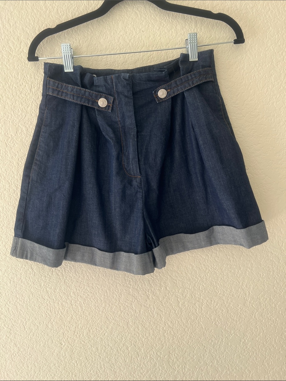 Zara High-Rise Dark Blue Denim Cuffed Women's Shorts, Size Small